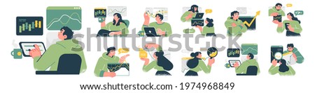 Stock market, finance, capital investment concept Illustration set. Scenes with people trading on the stock exchange. Vector illustration.