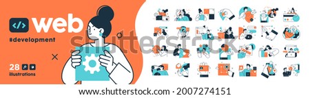 Programming Illustration Set. Different characters working on web and application development on computers. Software developers. Flat vector style illustrations.