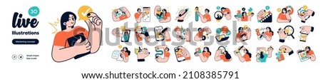 Social Media Marketing illustrations. Mega set. Collection of scenes with men and women taking part in business activities. Trendy vector style