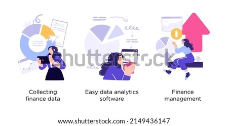 Financial literacy - set of business concept illustrations. Collecting finance data, Data analytics, Finance management. Visual stories collection.