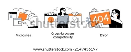 building microservices and cross browser testing - set of business concept illustrations. Microsites, Cross-browser testing, error. Visual stories collection