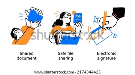 Cloud document access and sharing service - set of concept illustrations. Sared document, Security, Electronic signature. Visual stories collection
