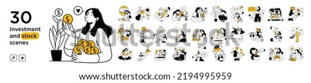 Stock trading, stakeholder, investment, analysis, trader strategy concept illustrations. Collection of scenes with people trading on a stock market, losing or gaining profit Foto d'archivio © 