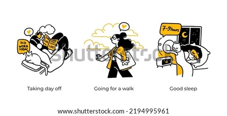 Remote Work Benefits, Limitations and Workflow Organization - abstract business concept illustrations. Taking day off, Going for a walk, Good sleep. Visual stories collection