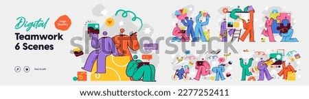 Business Teamwork illustrations. Mega set. Collection of scenes with men and women taking part in business activities. Trendy style