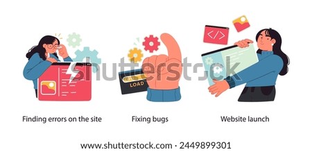 Fixing errors and bugs in software and quality control - set of business concept illustrations. Visual stories collection.