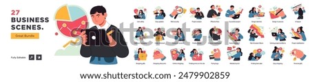 Similar – Image, Stock Photo Illustration of a people working on laptop at office. Colorful abstract design,Flat design concept with fine lines. Perfect for web design, banner, mobile app, landing page.