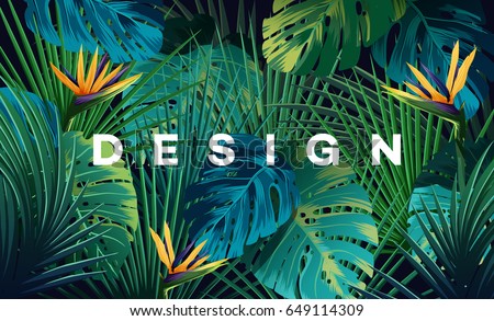 Bright tropical background with jungle plants. Vector exotic pattern with palm leaves.