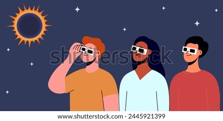 A group of people wearing safety glasses watch a solar eclipse