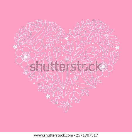 Heart shape filled with white botanical plant motifs, ornaments, flowers and branches. Happy Valentine's Day and Mother's Day greeting card. Vector illustration isolated on pink background. 