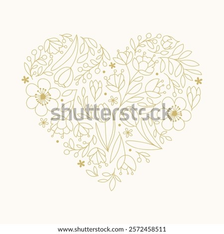 Gold heart shape filled with white botanical plant motifs, ornaments, flowers and branches