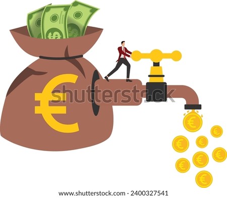 Turning on the tap Euro, Businessman turning on or turning off the tap with a drop of dollar sign currency
