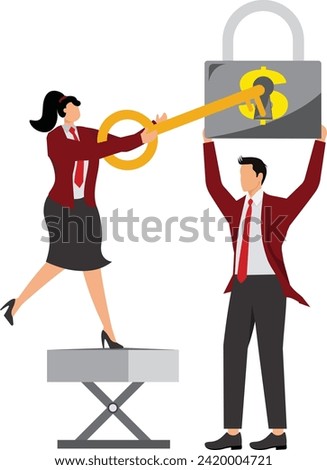 Businessman and businesswoman with big key and lock