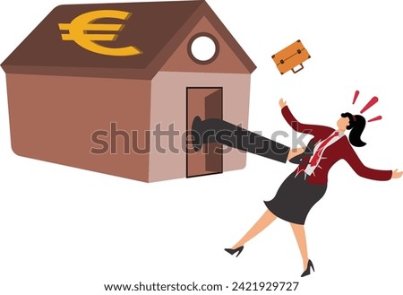 Big leg kicking businesswoman out of a building bank, house with euro coin currency sign
