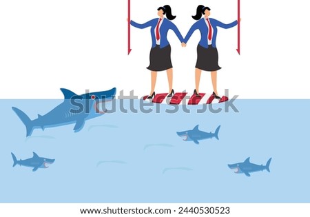 Working together through risks and crises, unity and trust, solving problems and troubles together, two businesswomen with harpoons standing on floating bills together against sharks in the wate