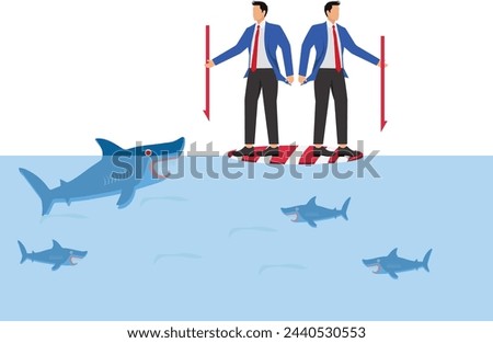 Working together through risks and crises, unity and trust, solving problems and troubles together, two businessmen with harpoons standing on floating bills together against sharks in the wate