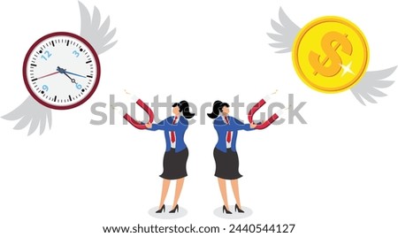 Save money and time, avoid wasting time and money, maximize business losses, financial or economic losses, time and money, businesswomen struggle to pull back the clocks and gold coins that fly away