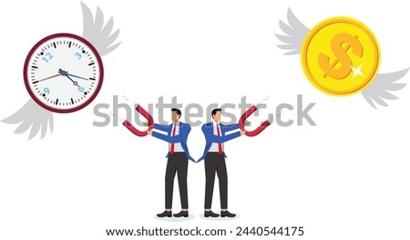 Save money and time, avoid wasting time and money, maximize business losses, financial or economic losses, time and money, businessmen struggle to pull back the clocks and gold coins that fly away