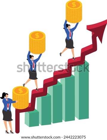 Income or profit growth, investment and return on investment, businesswoman walking on a rising arrow with a pile of gold coins