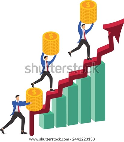 Income or profit growth, investment and return on investment, businessman walking on a rising arrow with a pile of gold coins
