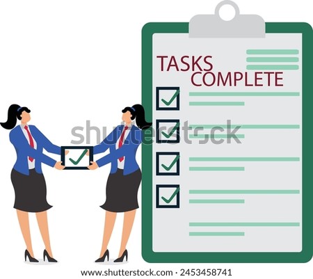 Two businesswomen together carrying checkboxes with check marks, completing tasks or items, business list or business mark check
