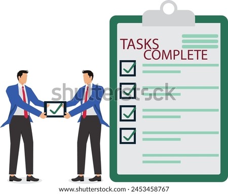Two businessmen together carrying checkboxes with check marks, completing tasks or items, business list or business mark check