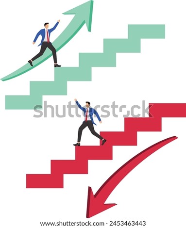 Different choices and developments, one businessman chooses up arrow stair to go forward, another businessman chooses down arrow stair to go forward, up and down