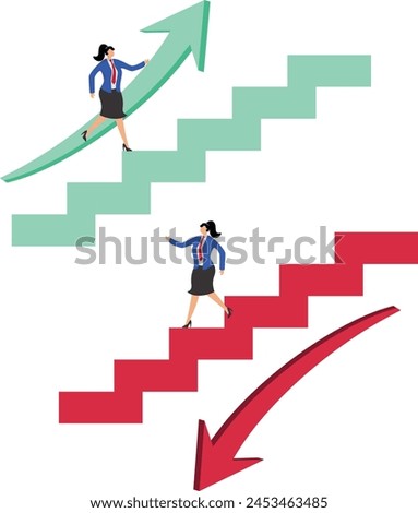 Different choices and developments, one businesswoman chooses up arrow stair to go forward, another businesswoman chooses down arrow stair to go forward, up and down