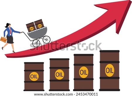 Global rising crude oil prices, businesswoman pushing a shopping cart full of barrels of crude oil on a rising red arrow.
