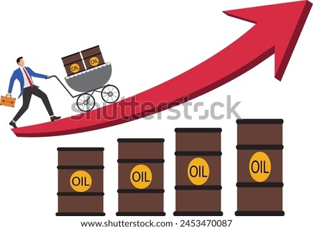 Global rising crude oil prices, businessman pushing a shopping cart full of barrels of crude oil on a rising red arrow.