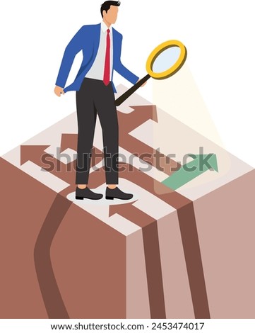 Businessman holding a magnifying glass to find the right direction among a bunch of complicated directional arrows