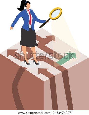 Businesswoman holding a magnifying glass to find the right direction among a bunch of complicated directional arrows