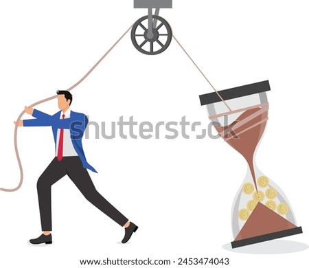 Businessman shaking an hourglass full of gold coins up and down, business forecast, profit and loss, decrease and increase