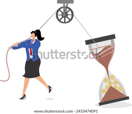 Businesswoman shaking an hourglass full of gold coins up and down, business forecast, profit and loss, decrease and increase