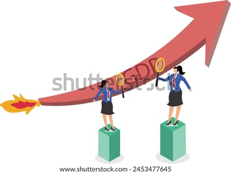 Businesswoman looking at the GDP taking off inside the red arrow, economic growth rate, global economic recovery