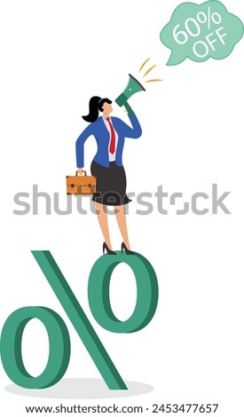 Businesswoman holding megaphone standing next to huge percent sign and shouting loudly, marketing and media marketing, sale discount