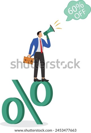 Businessman holding megaphone standing next to huge percent sign and shouting loudly, marketing and media marketing, sale discount