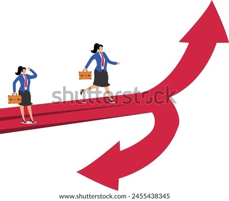 Businesswoman walking up arrow and businessman walking down arrow, business concept illustration