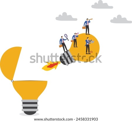 Setting off with creativity, creative teams, creativity and inspiration help businessmen achieve success or reach their goals, and businessmen sit on the light bulb of the booster to launch