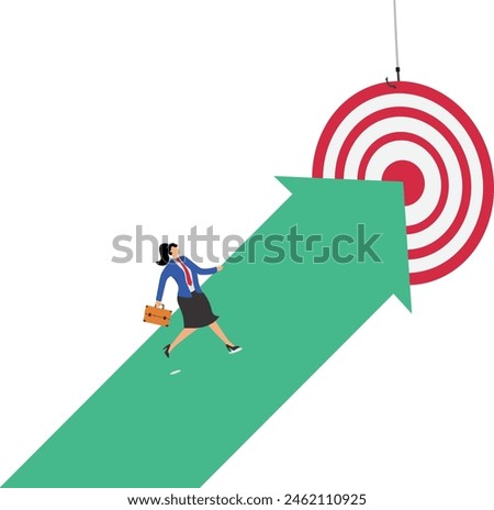 Focus on achieving business targets or goals, the right career path to achieve success, confident businesswoman running on a straight arrow towards the target board concept