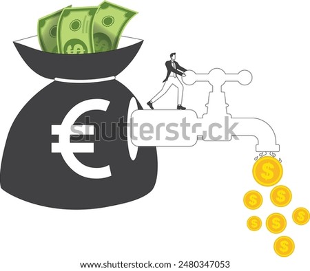 Turning on the tap Euro, Businessman turning on or turning off the tap with a drop of dollar sign currency