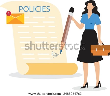 Company policies document legal of term and services agreement or process to follow corporate rules or guidance concept businesswoman holding pen with company policy document and business briefcase