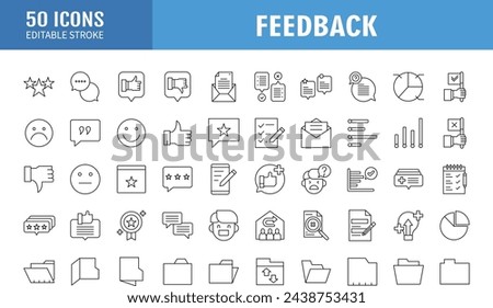 Feedback Outline Icon Collection. Thin Line Set contains such Icons as Rating, Testimonials, Quick Response, Satisfaction and more. Simple web icons set.