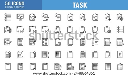 Clipboard, checklist, report, survey or agreement editable stroke outline icons set isolated on white background vector illustration. Pixel perfect. 