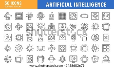 artificial intelligence icon set in line style, machine learning, smart robotic and cloud computing network digital AI technology: internet, solving, algorithm, vector illustration