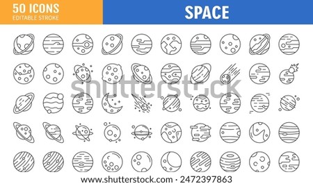 Simple Set of Space Related Vector Line Icons. Contains such Icons as Observatory, Planet Earth, Alien and more. Editable Stroke. 