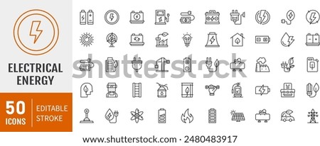 Set of 50 line icons related to energy, electrical energy, electricity. Outline icon collection. Vector illustration. Editable stroke