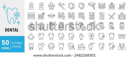 Dental icon set. Containing tooth, toothpaste, toothbrush, teeth, implant and dentistry icons. Dental icon collection. Vector illustration.