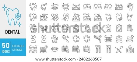 Dental icon set. Containing tooth, toothpaste, toothbrush, teeth, implant and dentistry icons. Dental icon collection. Vector illustration.