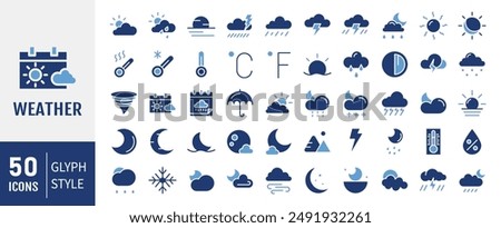 Weather web icons set. Weather forecast - Glyph weather icons collection. Containing clouds, temperature, sunny day, rain, wind and more. Simple web icons set